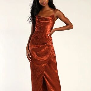 Lulu's Under the Moonlight Rust Orange Satin Jacquard Maxi Dress